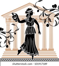 greek woman with amphora temple and olive branches background