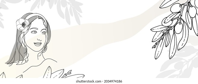 Greek woman with a flower in her hair. Olive branch on a white background. Monochrome illustration with olive branch. Aphrodite and olives. Vector illustration
