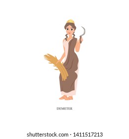 Greek woman god Demeter with gold crown and branch wheat