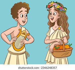 Greek woman and man with harp and basket of fruits. Vector illustration