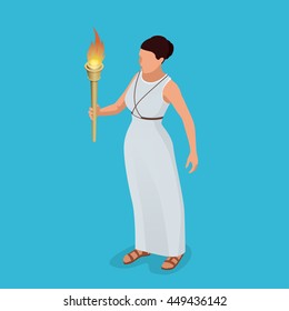 Greek woman with a torch in her hand. Woman archer. The Greek goddess - Artemis. Goddess of the Greek pantheon.  Flat 3d isometric illustration. Symbol of victory. 