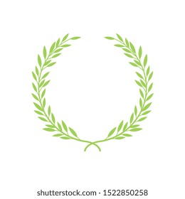 Greek wreath and heraldic round element with a green circular silhouette. Laurel, fig and olive, victory award icons with leaves and frames and vintage vector illustration.