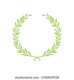 Greek wreath and heraldic round element with a green circular silhouette. Laurel, fig and olive, victory award icons with leaves and frames and vintage vector illustration.