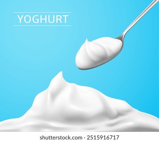 Greek yoghurt, sour cream or mayonnaise. Realistic 3d vector spoon lifting a creamy dollop of Greek yoghurt with smooth texture, promotes healthy eating, dairy product for culinary and food industry