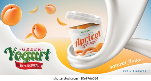 Greek Yogurt Ads With Natural Apricot Flavor In Milk Swirl Commercial Vector Realistic Illustration
