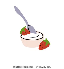 Greek yogurt in jar with berries, spoon. Strawberry yoghurt in bowl. Milk dessert, dairy product, sour cream. Healthy organic food for breakfast. Flat isolated vector illustration on white background