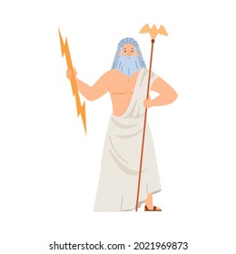 Greek Zeus the king of Olympian gods and sky and thunder god, flat vector illustration isolated on white background. Roman mythology Jupiter or Greek religion Zeus god.