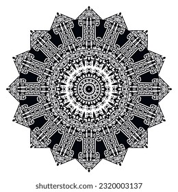 Greek zigzag mandala pattern. Traditional tribal ethnic style zig zag pattern. Vector ornamental black and white floral ornaments with Greek key meanders. Abstract flower. Decorative isolated design.