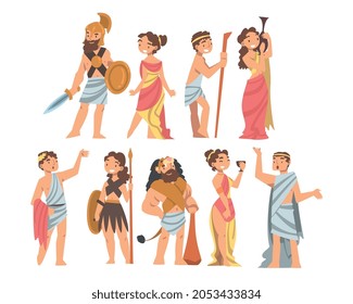 Greeks or Hellenes People Character in Ethnic Chiton Clothing Vector Illustration Set