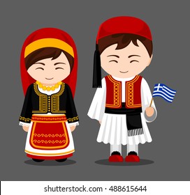 Greeks in national dress with a flag. Man and woman in traditional costume. Travel to Greece. People. Vector flat illustration.