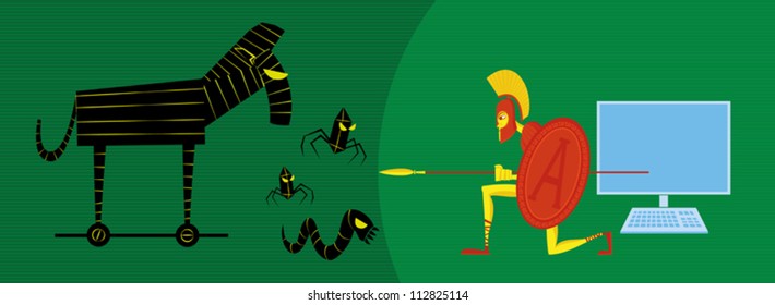Greek-style defend computer of different viruses attack (trojan, worm).