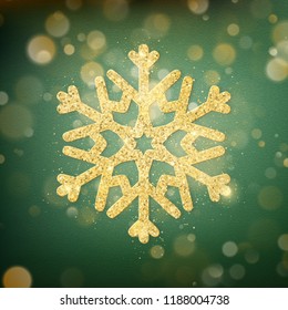 Greem blurred bokeh lights for Christmas and New Year celebration. Magical template with glittery background and snowflake. EPS 10
