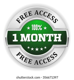 Green 1 month free access badge with silver border on white background