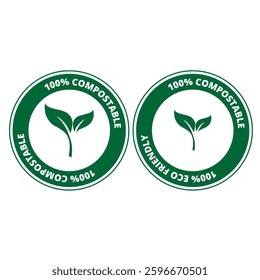 Green 100% compostable round signs on a white background