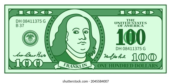 Green 100 dollar banknote with stylized Franklin portrait in flat design. Play money or fake banknote. Vector illustration.