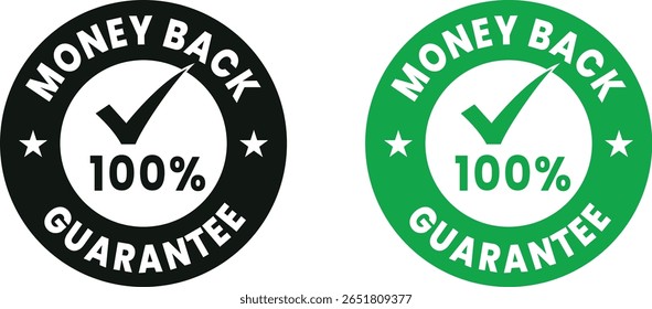 Green 100% money back guarantee badge vector set – certified refund approval icons for eco-friendly product packaging, marketing, and business branding use.