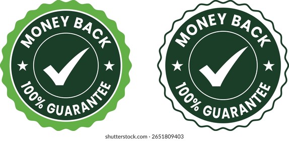 Verde 100% dinheiro de volta garantia distintivo vetor conjunto - ícones de aprovação de reembolso certificado para embalagem de produtos eco-friendly, marketing e uso de marca comercial.