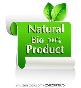 green 100% natural organic product quality label with curled corner