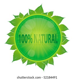 Signo vectorial verde 100% natural con hojas y esfera brillante