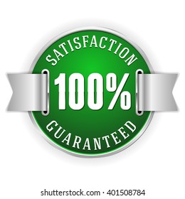 Green 100 percent satisfaction badge with silver border and ribbon