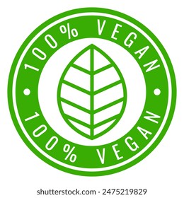 Grün 100% Vegan Freundlich isoliert runder Stempel, Aufkleber, Schild mit Blatt-Icon Vektorillustration