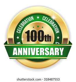 Green 100th anniversary badge with gold border and ribbon on white background