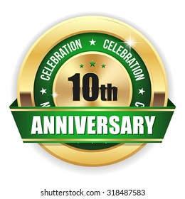 Green 10th Anniversary Badge With Gold Border And Ribbon On White Background