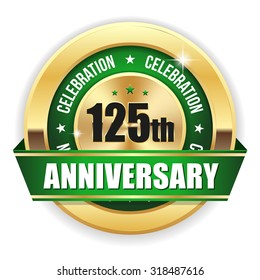 Green 125th anniversary badge with gold border and ribbon on white background