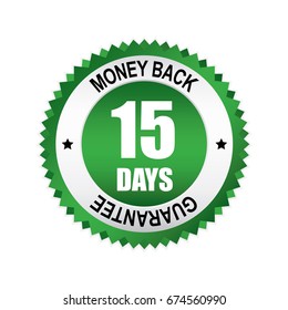 Green 15 days money back,guarantee badge, button with silver border.vector illustration