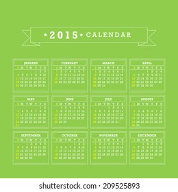 Green 2015 Calendar. Week starts with sunday. Vector graphic template.