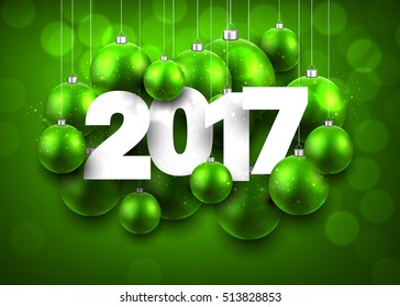 Green 2017 New Year background with Christmas balls. Vector illustration.