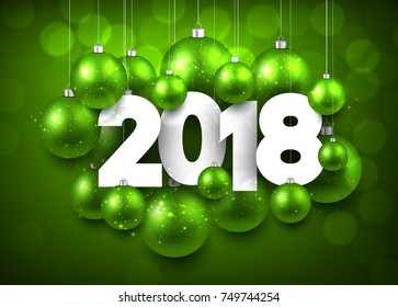 Grün 2018 Neujahr Hintergrund mit Weihnachtsbällen. Vektorgrafik.