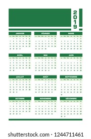 Green 2019 French calendar. Vector illustration with blank space for your contents. All elements sorted and grouped in layers for easy edition. Printable portrait version