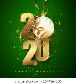 Green 2020 Happy New Year. Holiday vector illustration of numbers 2020. holidays Design of greeting card of Falling Shiny Confetti