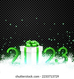 Green 2023 sign with white gift box on transparent background with snowflakes. Space for text. Vector holiday illustration.