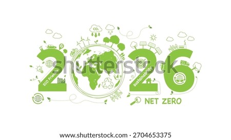 Green 2026 eco concept with global sustainability icons, renewable energy symbols, recycling and net zero elements, Environmental responsibility and future green technology goals, Vector illustration