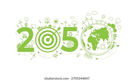 Un concepto ecológico de emisiones netas cero en 2050, Energías renovables, ecotecnología, reciclaje de iconos, acciones climáticas globales que promuevan un futuro sostenible de bajas emisiones para la conciencia ambiental, Vector