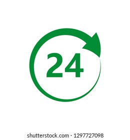 Green 24 hours icon, on the white background. Flat design. Vector.