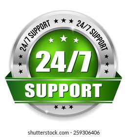 Green 24/7 support badge with ribbon and silver border on white background