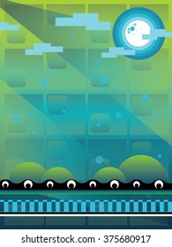 Green 2D Pixel Background With Shape of Sun, Clouds Cartoon Vector
