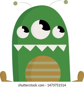 A green 3 eyed monster with a razor sharp teeth, vector, color drawing or illustration.