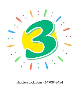 The green 3 in the middle of the fireworks. three year. Or to wish You a happy birthday. Vector illustration in a flat style on white background.