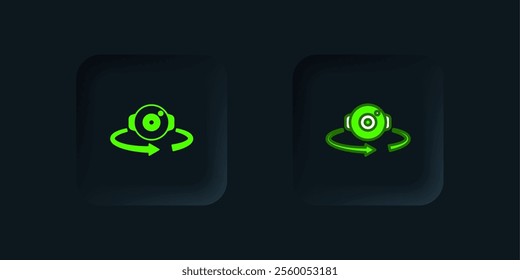 Green 360 degree view icon isolated on black background. Virtual reality. Angle 360 degree camera. Panorama photo. Black square button. Vector