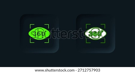 Green 360 degree view icon isolated on black background. Virtual reality. Angle 360 degree camera. Panorama photo. Black square button. Vector
