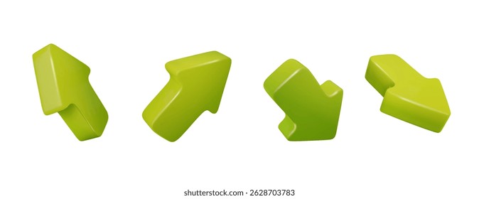 Green 3d arrows pointing in different directions. Vector realistic arrow cursors set isolated.