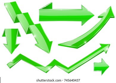 Green 3d arrows. Shiny web icons. Vector illustration isolated on white background