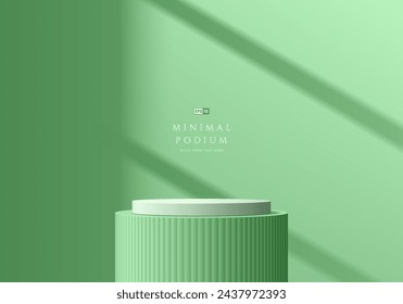 Fondo 3D verde, podio de pedestal de cilindro blanco realista con escena de pared de luz de ventana. Presentación de maquetas o productos de plataformas. Composición abstracta en diseño minimalista. Escaparate escénico.