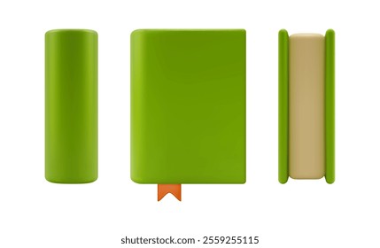 Green 3D books in realistic design in front and side view, vector illustration isolated on white. Cartoon dairy, dictionary or encyclopedia, notebook or textbook, students booklet brochure