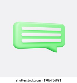 Green 3d bubble talk isolated on gray background. Glossy green speech bubble, dialogue, messenger shape. 3D render vector icon for social media or website