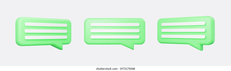 Green 3d bubble talks set isolated on gray background. Glossy green speech bubbles, dialogue, messenger shapes. 3D render vector icons for social media or website